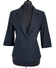 Christian Dior Womens Navy Blue Pinstriped Blazer Jacket Sz L 3/4 Cuffed Sleeve