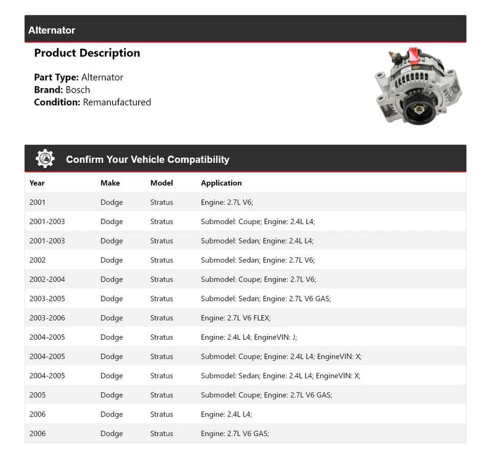Alternador para Dodge Stratus Bosch 2001-2006 (remanufacturado) 2002 2003 2004 Foto 2 de 4