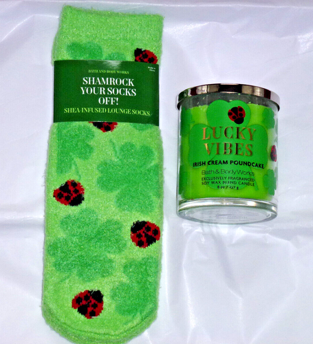 Bath & Body Works LUCKY VIBES 8oz IRISH CREAM CANDLE + SHEA INFUSED SOCKS-NEW