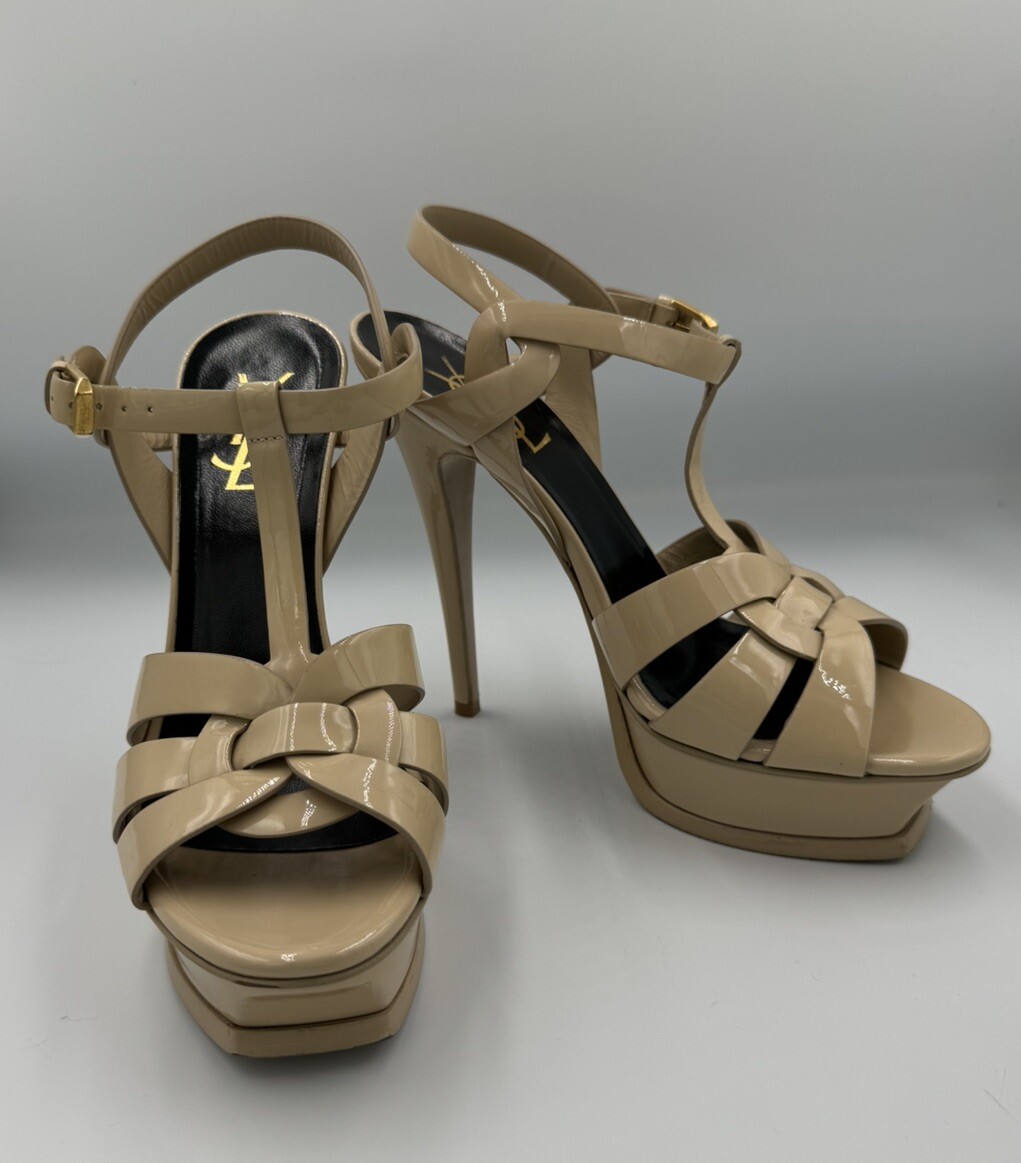 Tacchi YSL SAINT LAURENT omaggio pelle verniciata plateau 37 5 7 nudi con cinturino