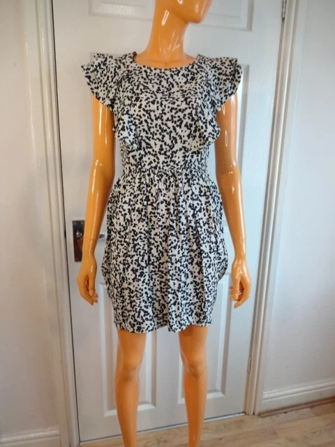 Topshop Cream Black Patterned Flounce Short Dress Size UK10 EU38 RRP 45 NWT