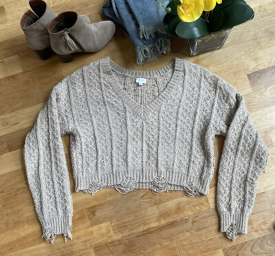 Le Lis Collection V-Neck Crop Sweater--Tan, Small