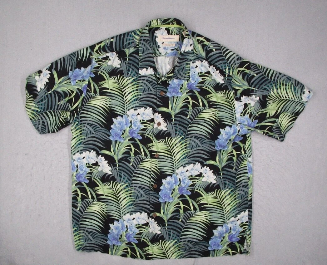 Tommy Bahama Shirt Men Extra Large Blue Silk Button Up Hawaiian Camp Loop Collar