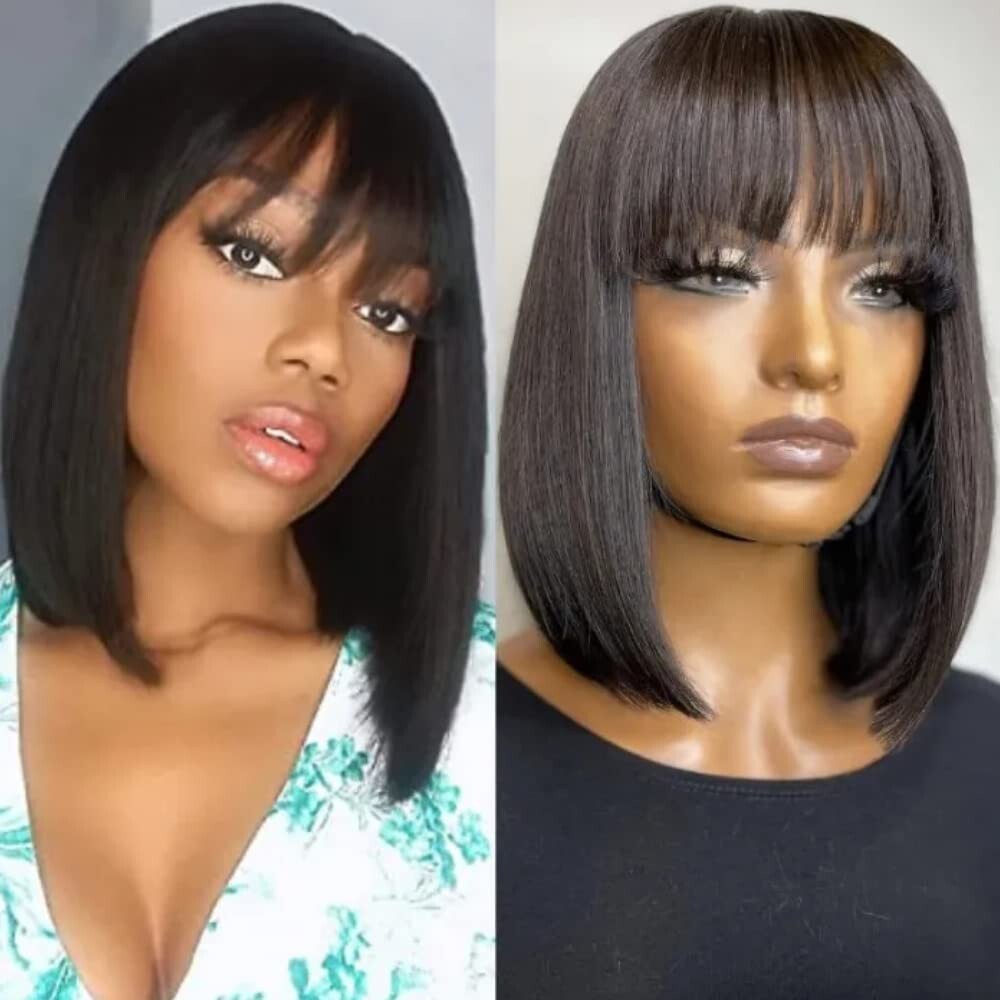 UNice Indian Bob Straight Human Hair Wigs With Bangs Glueless Wigs