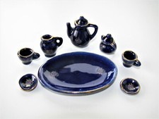 Miniature Tea Set Cobalt Blue Ceramic -Tiny 8 pc Hand painted Vtg or Antq