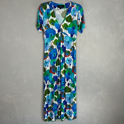 Hilton Hollis maxi dress size S short sleeve v-neck jersey stretch blue floral