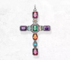 925 Sterling Silver Cross Pendant with Multi Gemstone Accents