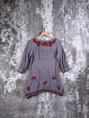 Johnny Was Dress XS Womens Gray Pin Striped Embroidered Floral