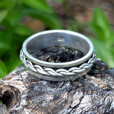 Sz 10.25 Men's Sterling Silver Rope Spinning Fidget Spinner Wedding Band Ring