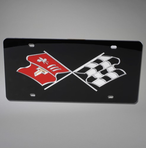 Placa de matrícula negra con licencia GM con emblema de banderas cruzadas para Corvette C3 1963-72 - Imagen 2 de 2