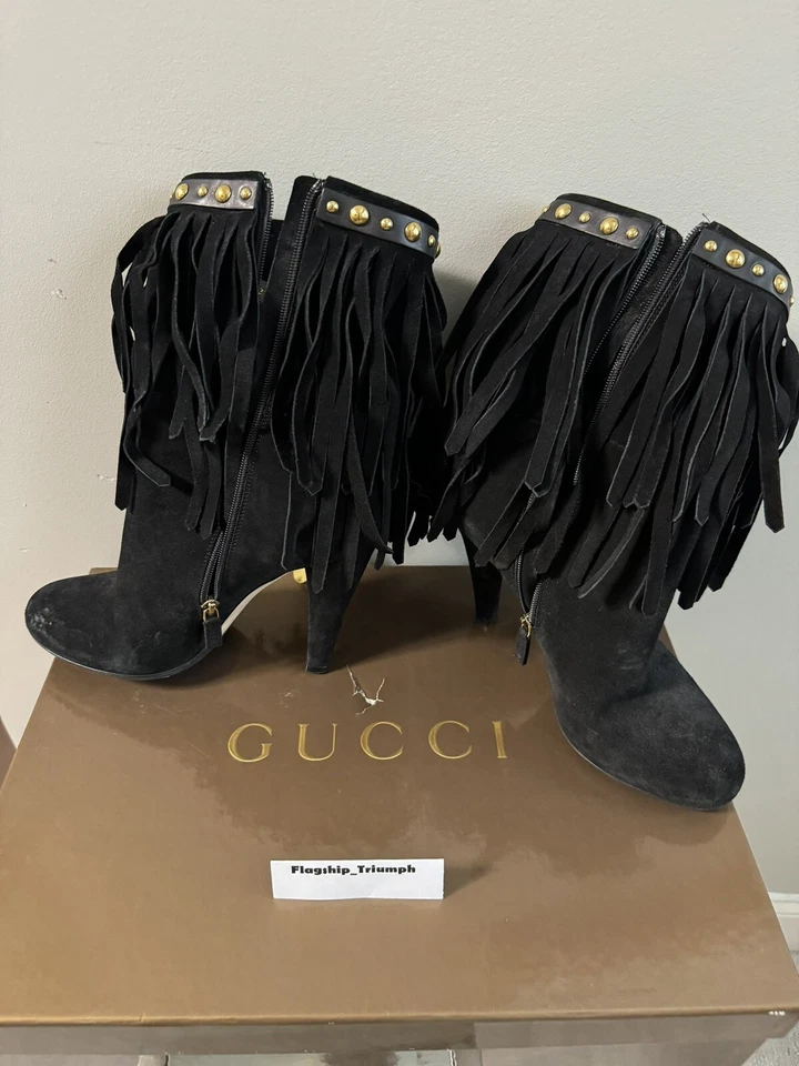 100% AUTÉNTICOS Gucci Negro Gamuza Flecos Botines Tacones EE. UU. 8 Foto 3 de 4