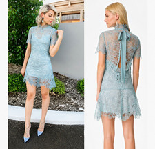Self-Portrait Blue Lace High Neck Open Back Bow Mini Dress US 4