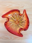 Vintage Murano Style Art Glass Ashtray Red Amber Cadmium Glow 7 Inch 1950’s-70’s
