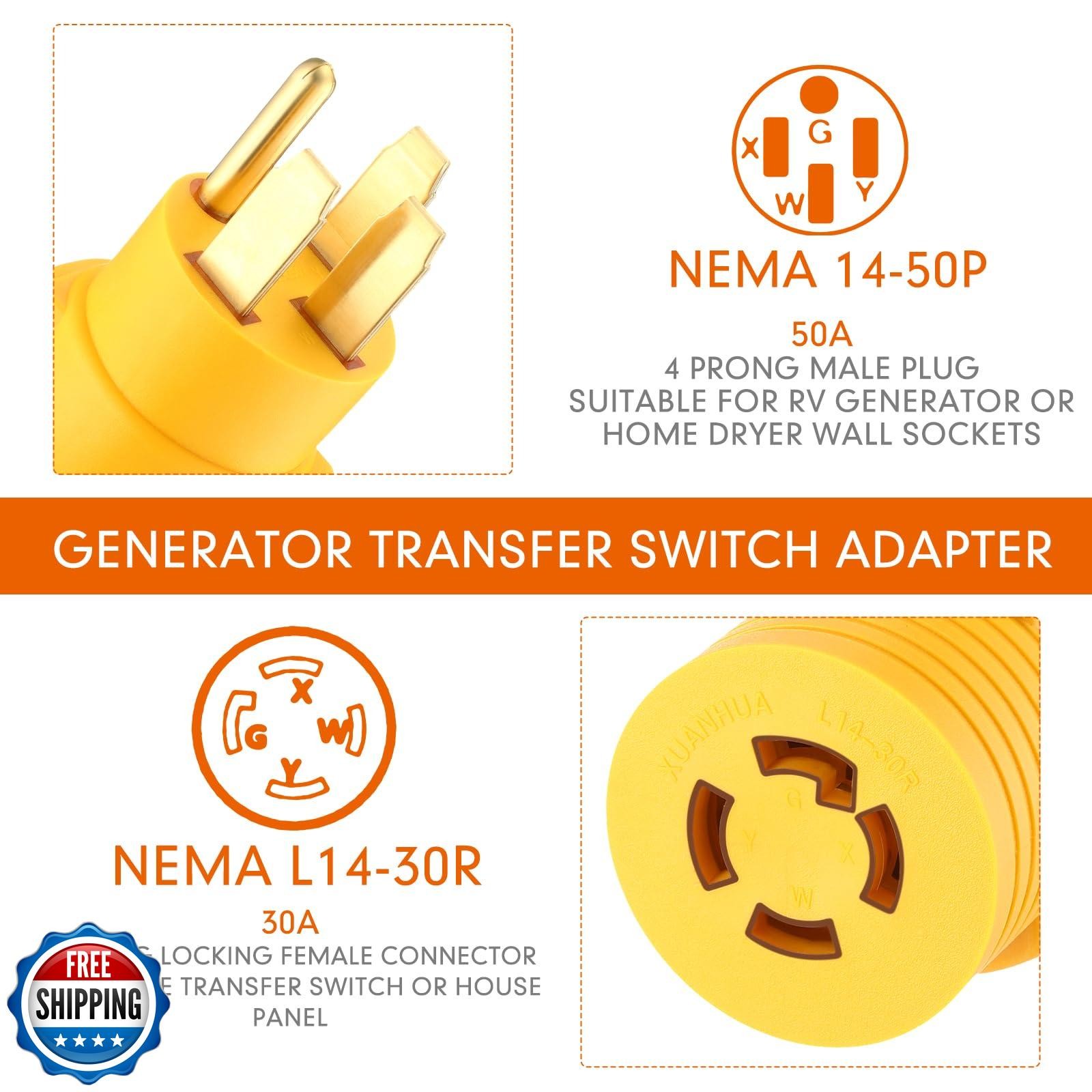 Kanayu 14-50p to L14-30r Generator Adapter Transfer Switch 50 Amp to 30 Amp C