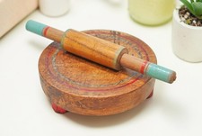 Vintage Wooden Kitchenware Chapati Rolling Plate With Pin Original Old Hand Carv