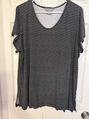 Liz Claiborne 2x Black/white Geometric SS Top Round Neck Poly/spandex Work Top