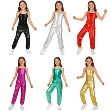 Kids Girls Dance Costume Rave Metallic Youth Vest And Pants Sparkly 2 Piece Set