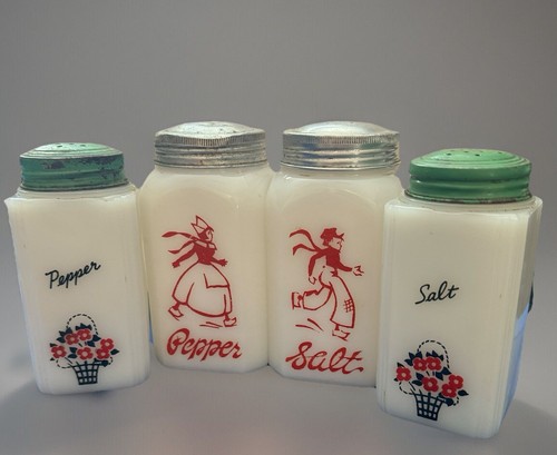 Art Deco 1920s Milk Glass Salt And Pepper Sets Dutch Hazel Atlas & McKee Tipp - Bild 1 von 16
