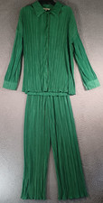 Womens Green 2-Piece Outfit Set Size Small Pleated Button-Up Top Pull-On Bottoms