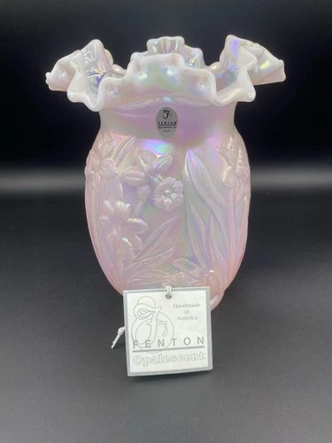 Fenton Vintage Iridescent Glass Ruffled Rim Daffodil Vase 8” w/ Sticker & Card