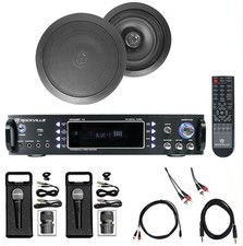 Karaoke Bluetooth Amp/Mixer 2 8" Black Ceiling Speakers 2 Microphones
