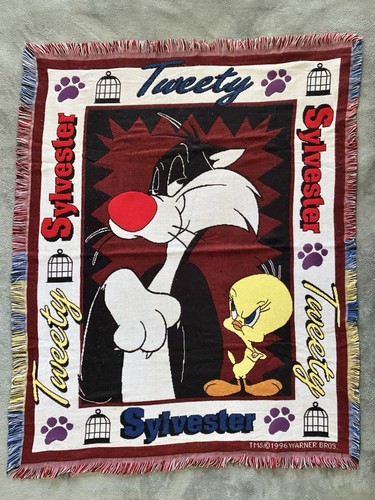 Vintage 1996 Sylvester & Tweety Bird Tapestry Throw Blanket Looney Tunes *READ*