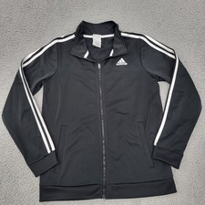 Adidas Track Jacket Boys Large 14/16 Black Logo Full Zip Pockets