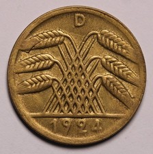 1924 D Germany 10 Rentenpfennig Coin KM# 34