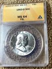 1963 D Franklin Half Dollar ANACS MS64 Full Bell Lines. Free Shipping. (9264)