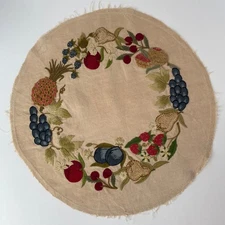 Vtg Advanced Hand Embroidery Fruit Wreath Linen Panel 17.5" Pillow Front Round