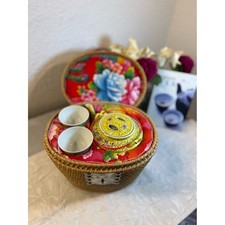 Vintage Chinese Jingdezhen Famille Jaune Dragon Travel Tea Set Wicker Basket 06