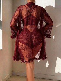 Women&lsquo;s 3 PCS Sexy Lace Flora Tirm Lingerie Set: Slip Top & Short & Robe