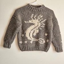 Fantastic Kids Artisanal Hand-Knit Sweater W/Dragon, 1990's, Romania