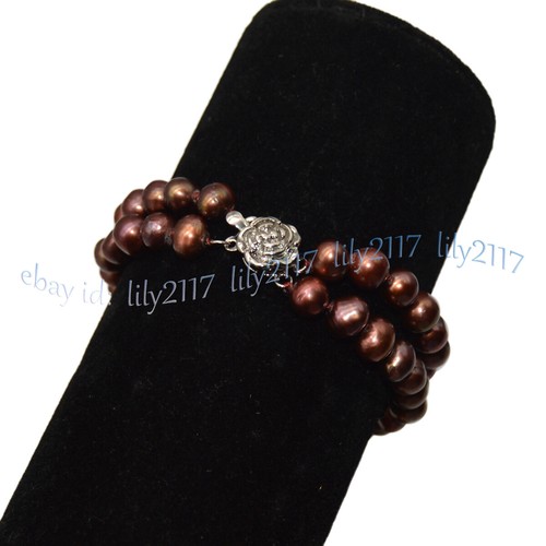 2 Rows Coffee Brown Natural 7-8mm Freshwater Baroque Pearl Beaded Bracelet 7.5'' - Picture 5 of 6
