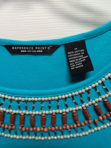 Beaded Women Top Size XL Turquoise Short Sleeve Stretchy Bling - Picture 3 of 4