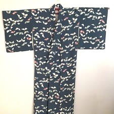 Vintage Blue Gray Pink Chirimen Silk Butterfly Komon Japanese Kimono