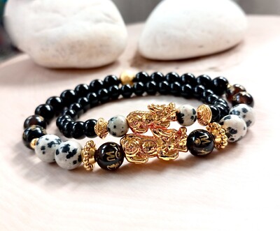 Pixiu Bracelet, Black Obsidian, Onyx, Carved Agate, Feng Shui, Gold Pixiu  Dragon