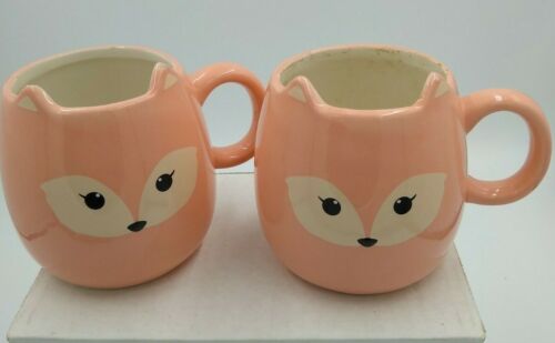 Vintage Retro MCM Pink Kitty Cat 3D Coffee Mugs x 2