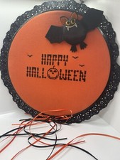 Large Vintage Halloween needlepoint wall hanging with bat orange  black Cute