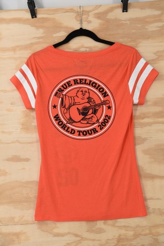 True Religion World Tour Scoop V-Neck Football Orange T-Shirt Womens Small - Picture 4 of 5