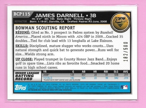 JAMES DARNELL 2010 Bowman Chrome Autographs REFRACTOR *AUTO* RC /500 Padres Qty. - Picture 2 of 2