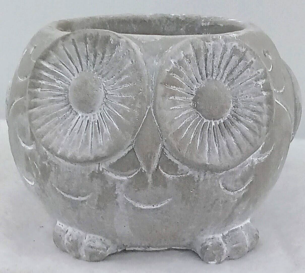 Owl Planter Resin Weathered White Gray Engraved Detail Bird Beak Feathers Feet