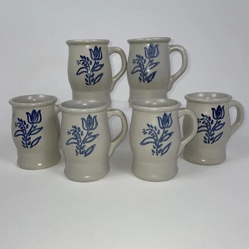 PFALTZGRAFF USA YORKTOWNE Stoneware Barrel Coffee Mugs w/Tulip Design 282Y Set 6