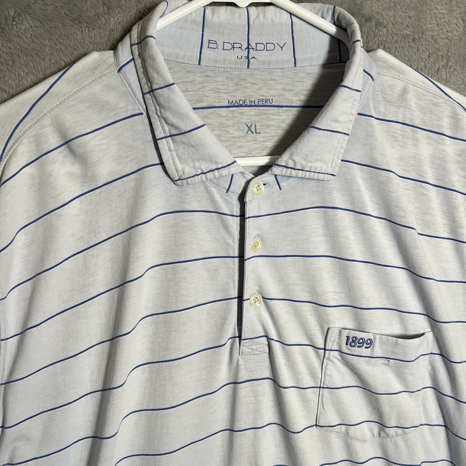 B Draddy Polo Shirt Mens XL Blue White Striped Stretch Golf -Flaw