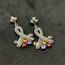 925 Sterling Silver Cluster Multi Gemstone Dangle Earrings 1.25in - 6.56g