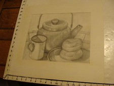 JAN STEELE, drawing: pencil: STILL LIFE: TIN CUP, BEGALS, COFFEE POT