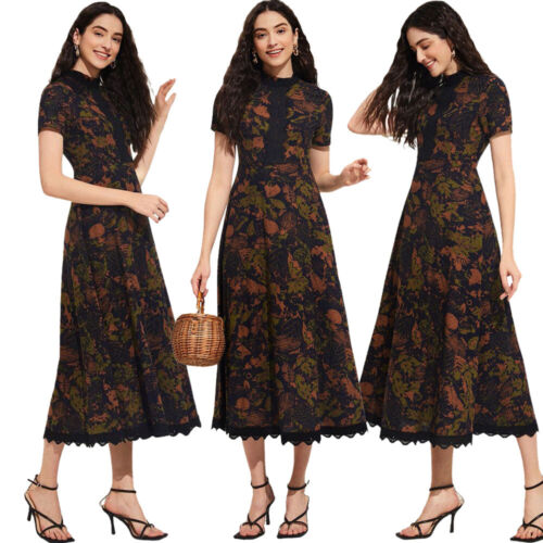 Vintage Formal Abaya Women Muslim Maxi Dress Short Sleeve Kaftan Long ...