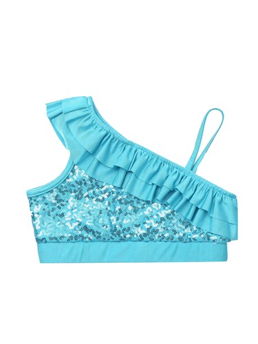 Kid Girl Sequins Vest Ruffle Across Off Shoulder Crop Top Jazz Hip-Hop Dancewear - Picture 51 of 62