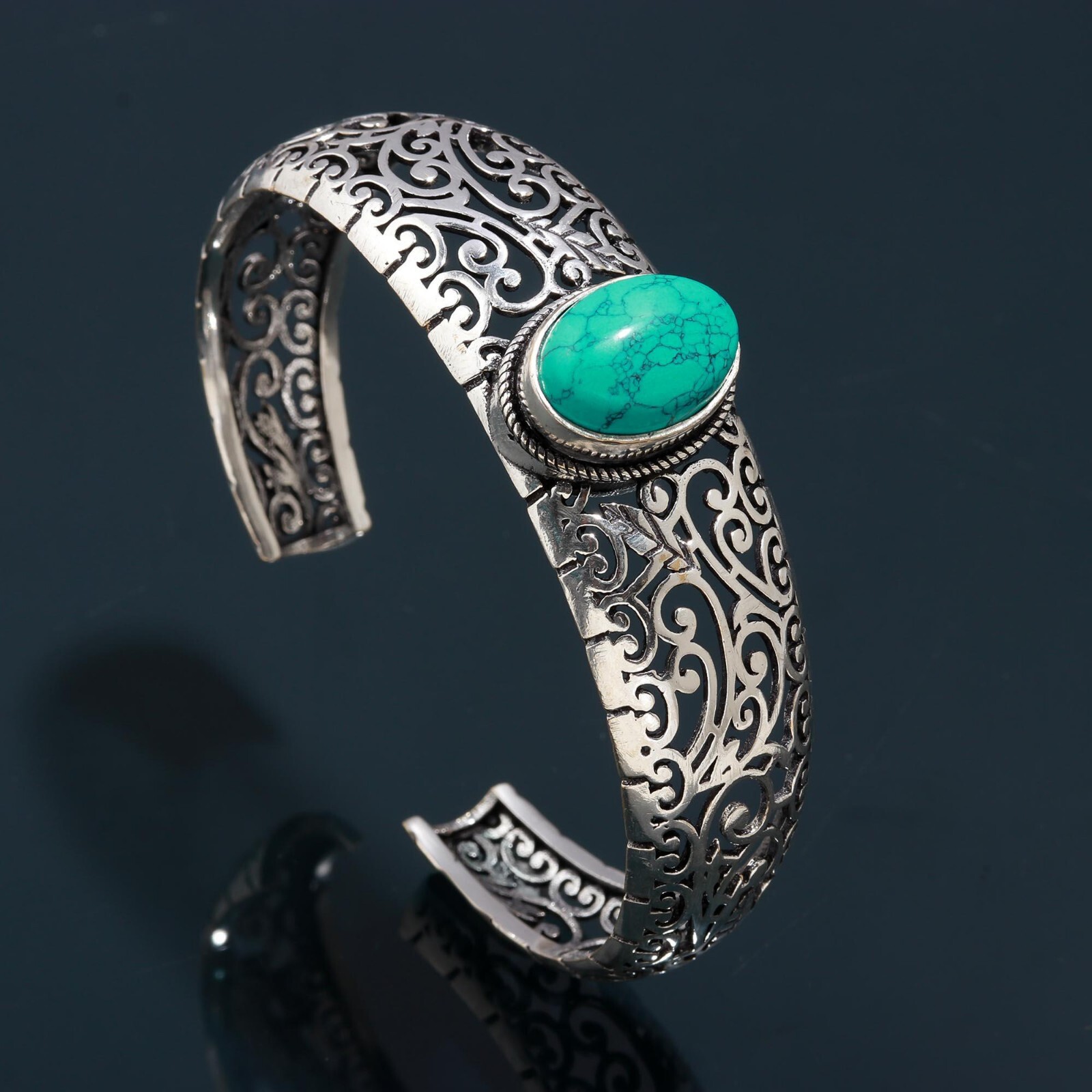 Bangle Tibetan Turquoise Gemstone Handmade 925 Sterling Silver Cuff Adjustable-image