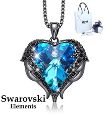 Collana Donna Swarovski Elements Originale Cuore Dell'oceano Blu Ali Nero